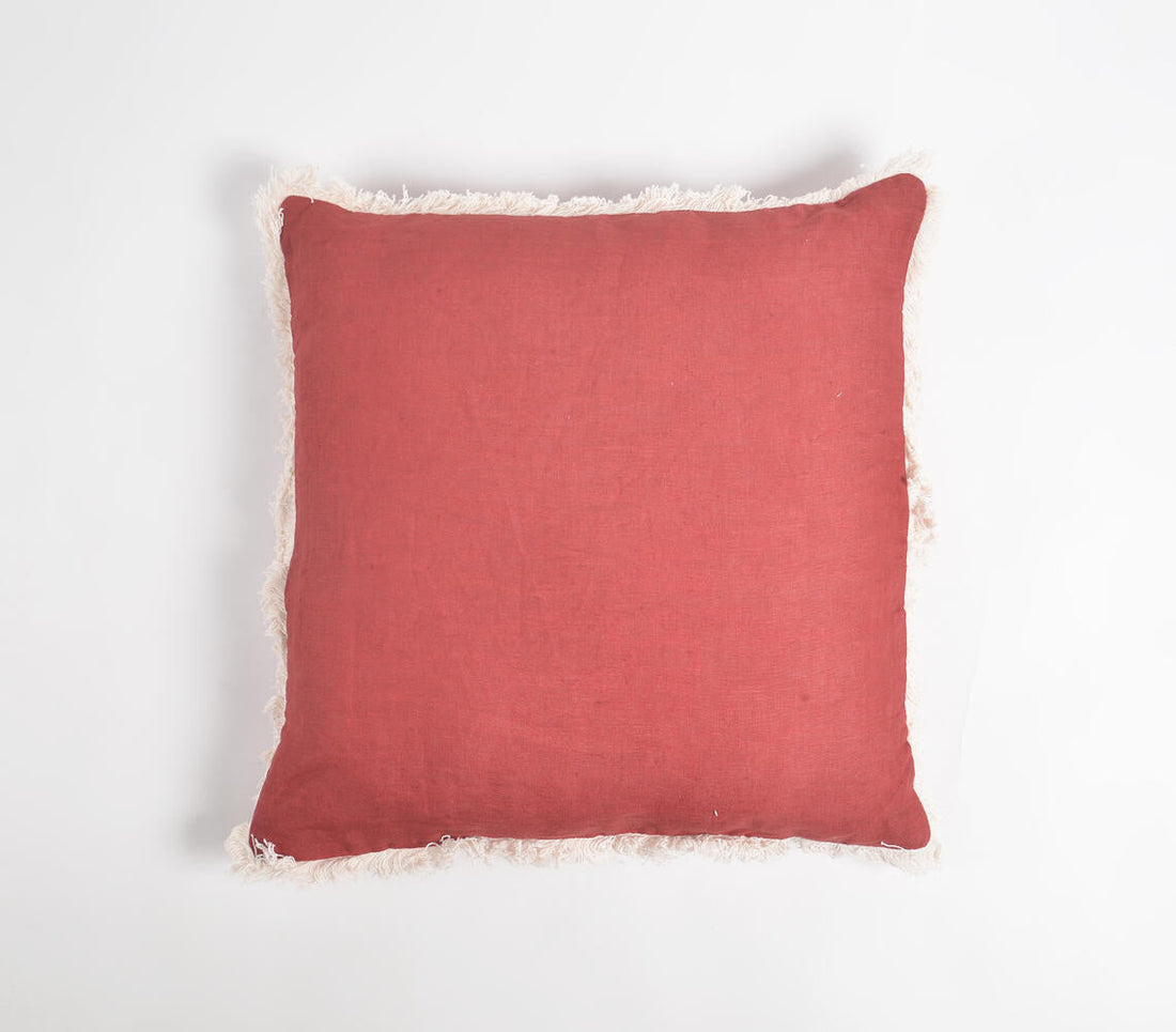 Solid Christmas Cotton Linen Cushion Cover with Frayed Border-0