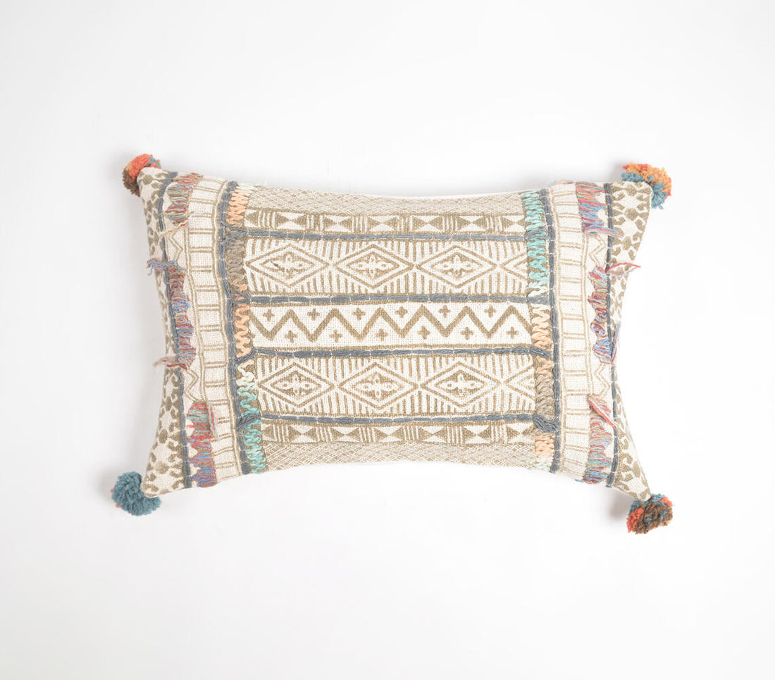 Block Printed &amp; Embroidered Cotton Lumbar Cushion Cover with Pom-Poms-0