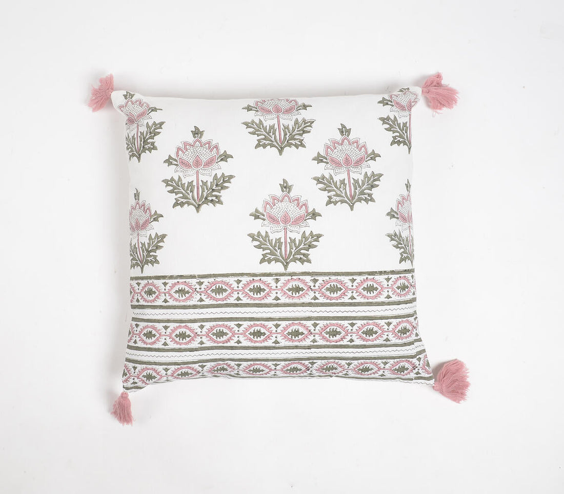 Striped &amp; Floral Cotton Tasseled Cushion Cover-0