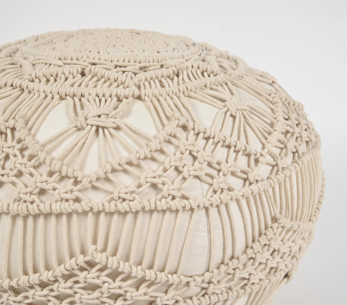 Cream Macrame Cotton Pouf-0