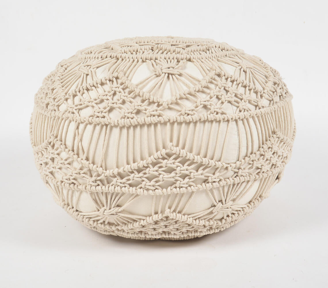 Cream Macrame Cotton Pouf-1