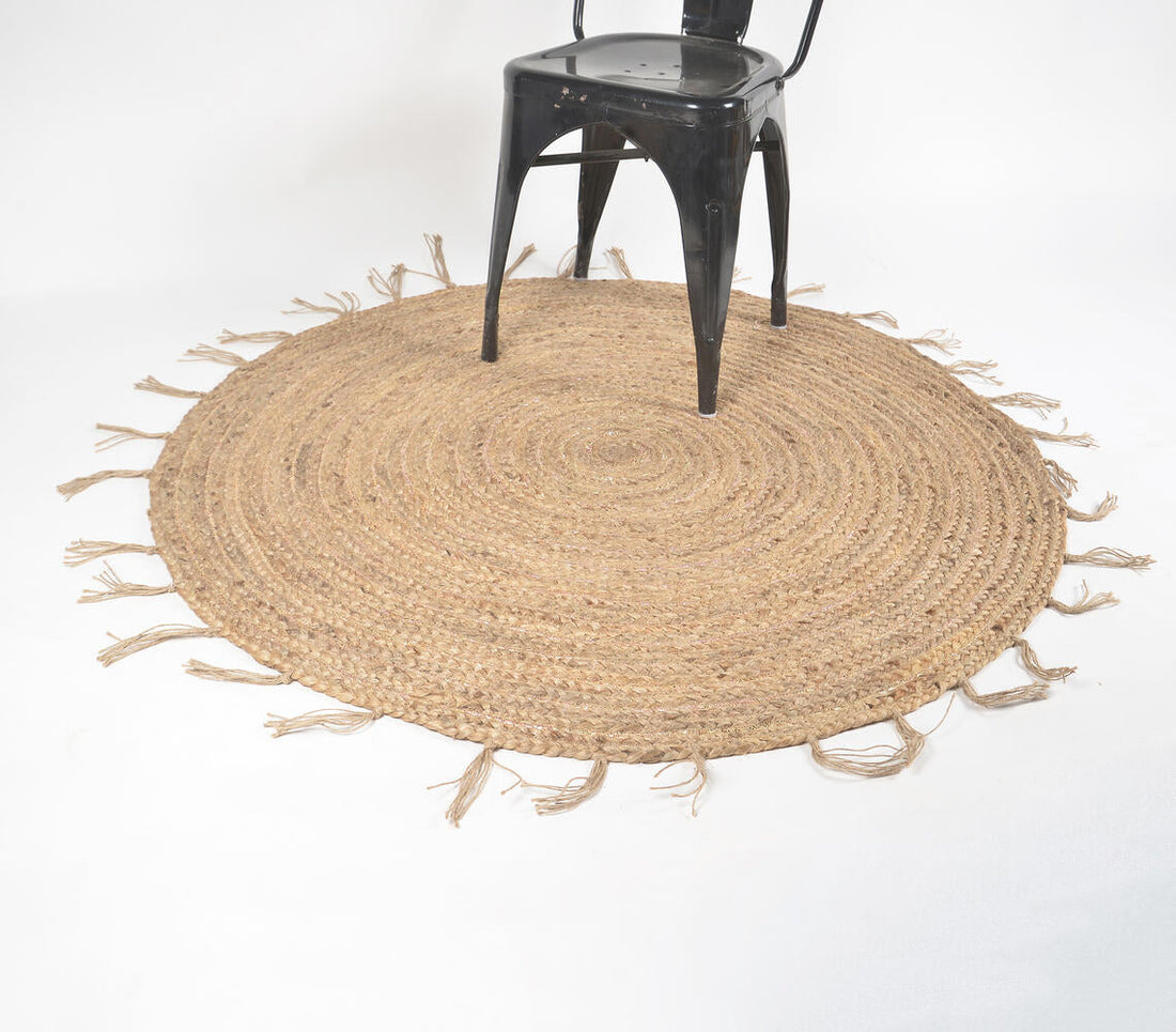 Hand Braided Spiral Jute Tasseled Rug-0