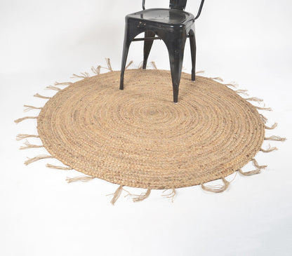 Hand Braided Spiral Jute Tasseled Rug-0
