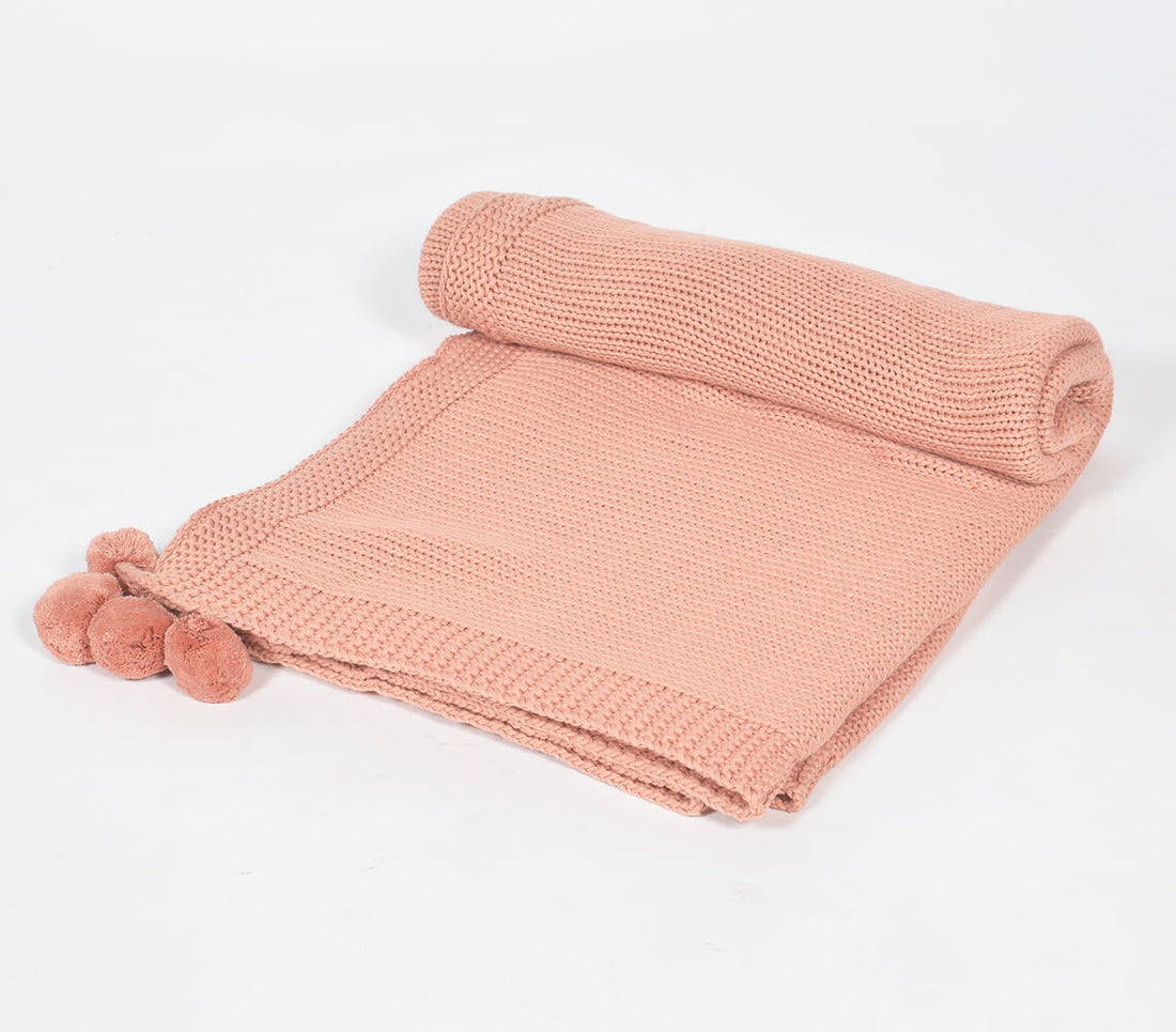 Knitted Cotton Salmon Tasseled Throw-0