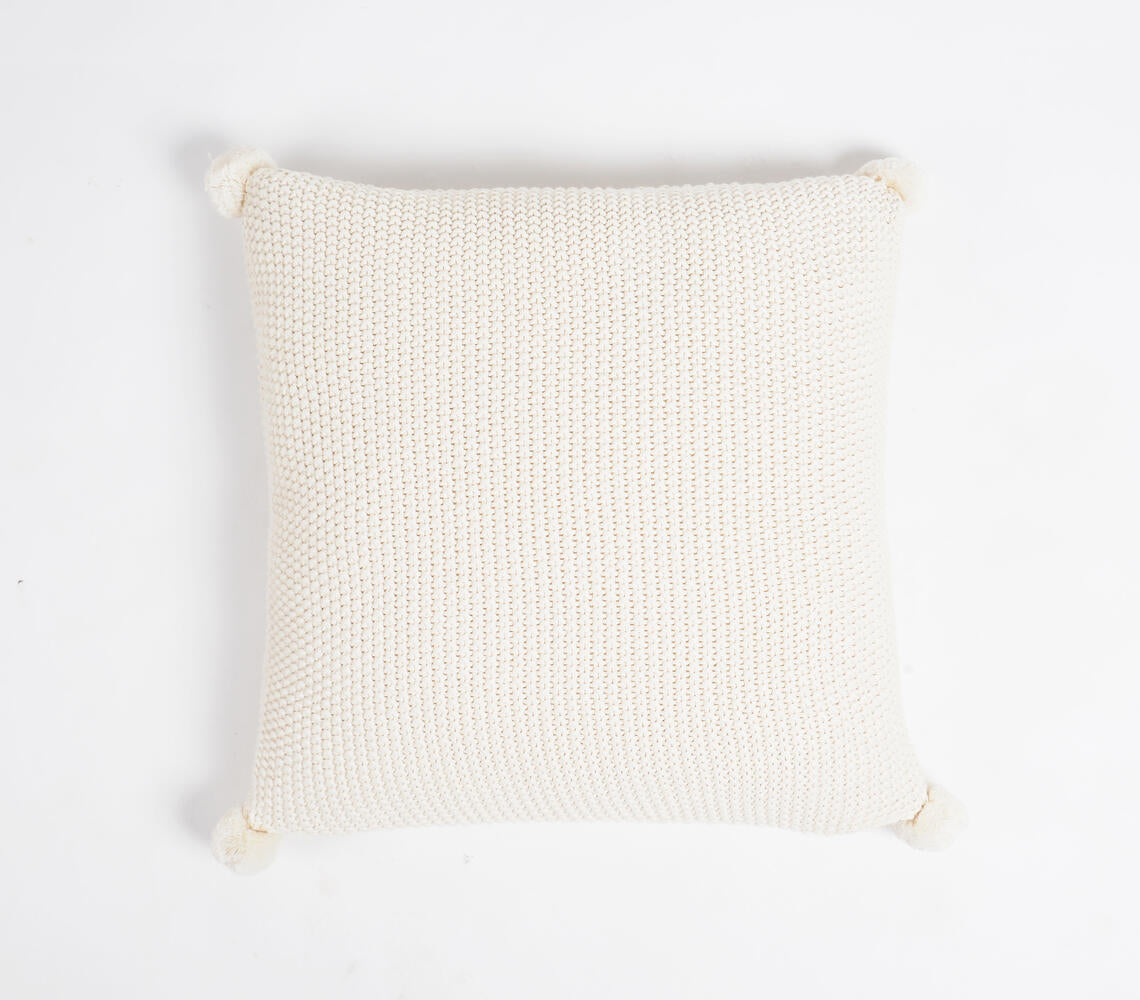 Knitted Cotton Cream Cushion Cover with Pom-Poms-0