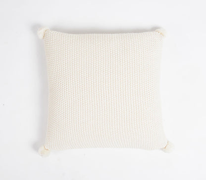 Knitted Cotton Cream Cushion Cover with Pom-Poms-0