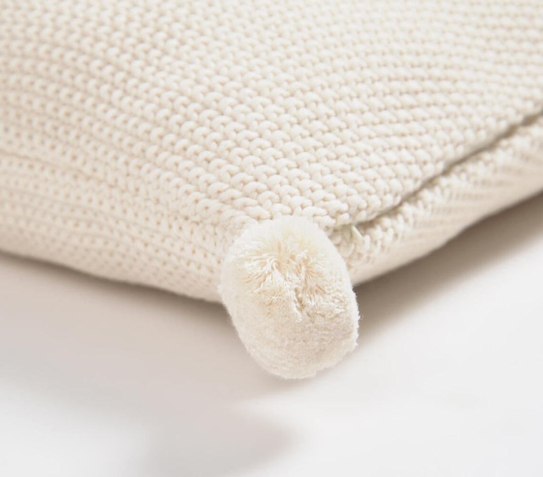 Knitted Cotton Cream Cushion Cover with Pom-Poms-1