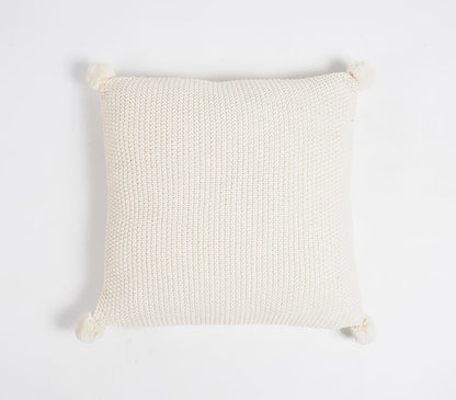 Knitted Cotton Cream Cushion Cover with Pom-Poms-2