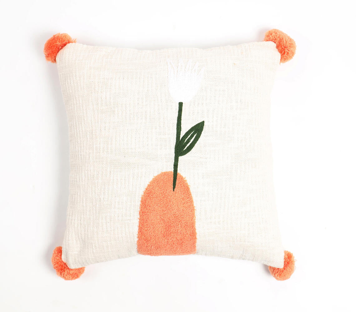 Embroidered Tropical Tulip Pom-Pom Cushion Cover-0