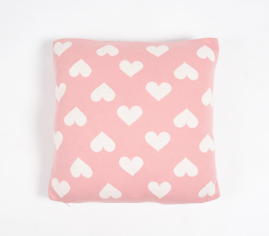 Knitted Cotton Hearts Pink Cushion Cover-0