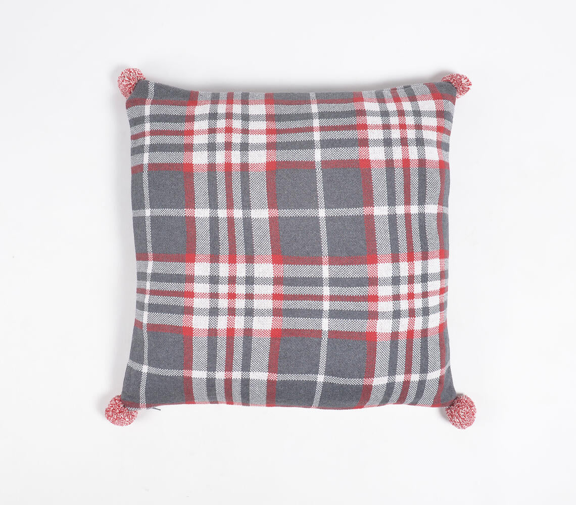 Knitted Cotton Plaid Cushion Cover with Pom-pom Tassels-0