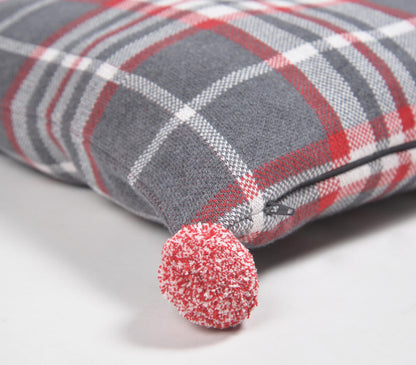 Knitted Cotton Plaid Cushion Cover with Pom-pom Tassels-1