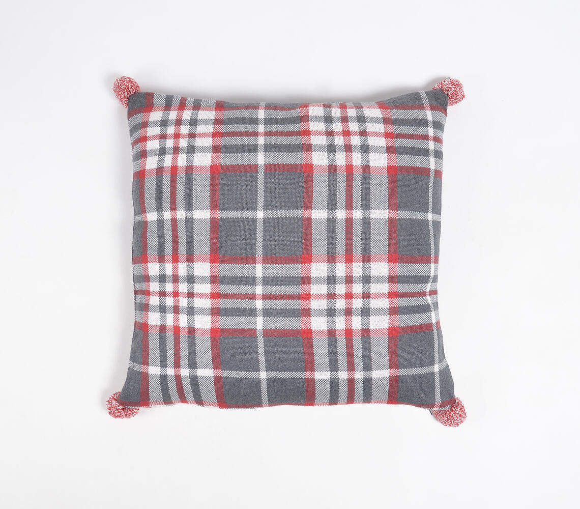 Knitted Cotton Plaid Cushion Cover with Pom-pom Tassels-2