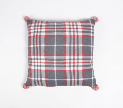 Knitted Cotton Plaid Cushion Cover with Pom-pom Tassels-2