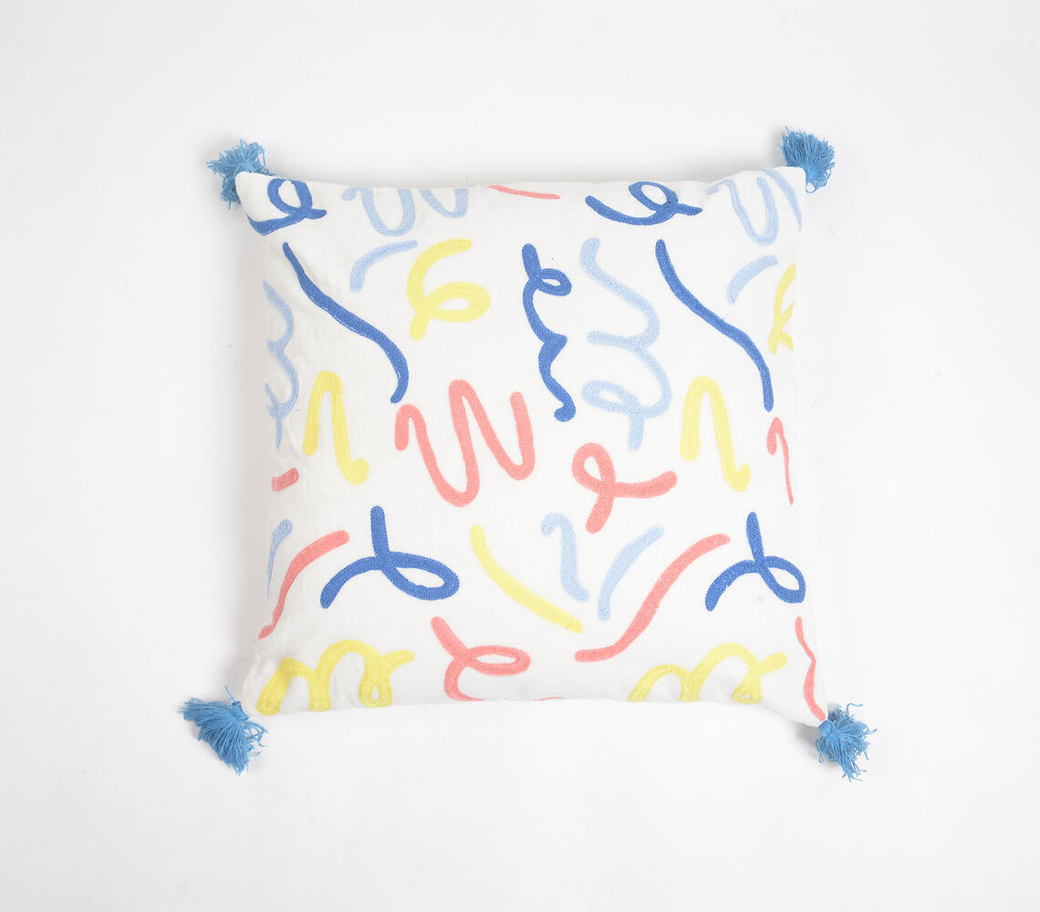 Embroidered Abstract Doodles Cotton Tasseled Cushion Cover-0