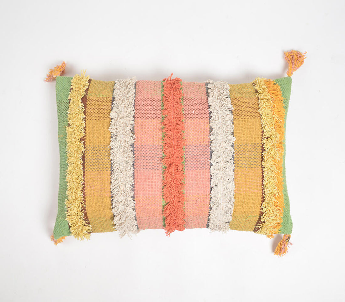 Hand Tufted Striped Cotton Tasseled Cushion Cover-0