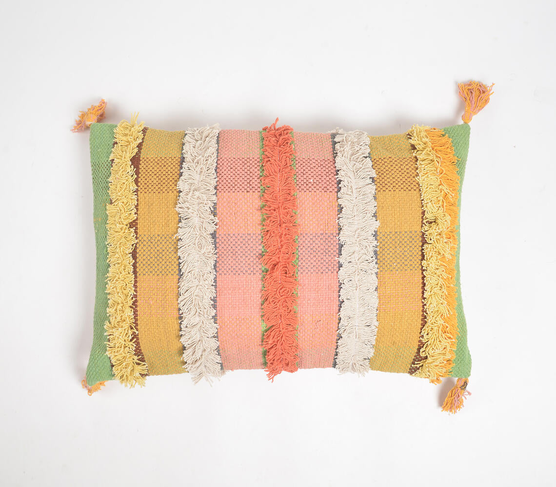 Hand Tufted Striped Cotton Tasseled Cushion Cover-0