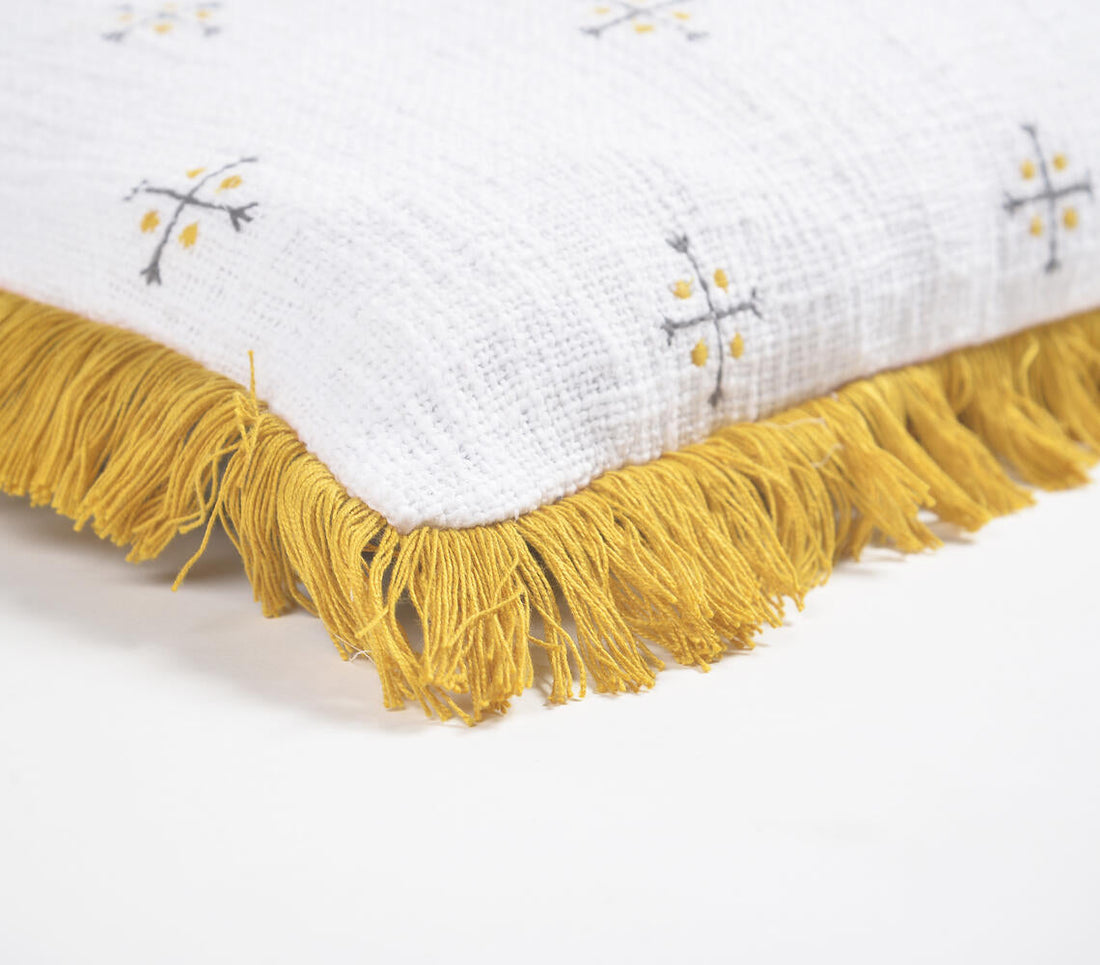 Embroidered Cotton Fringed Lumbar Cushion Cover-1