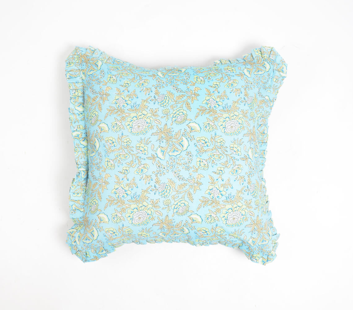 Floral Garden Blue Cotton Cushion Cover with Frilled Border-0