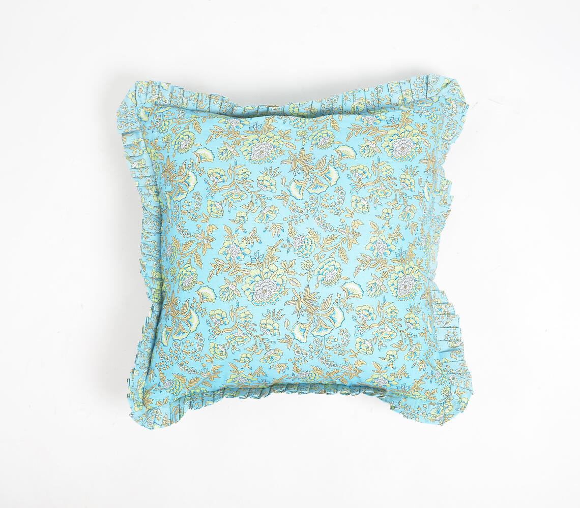 Floral Garden Blue Cotton Cushion Cover with Frilled Border-2