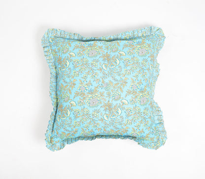 Floral Garden Blue Cotton Cushion Cover with Frilled Border-2