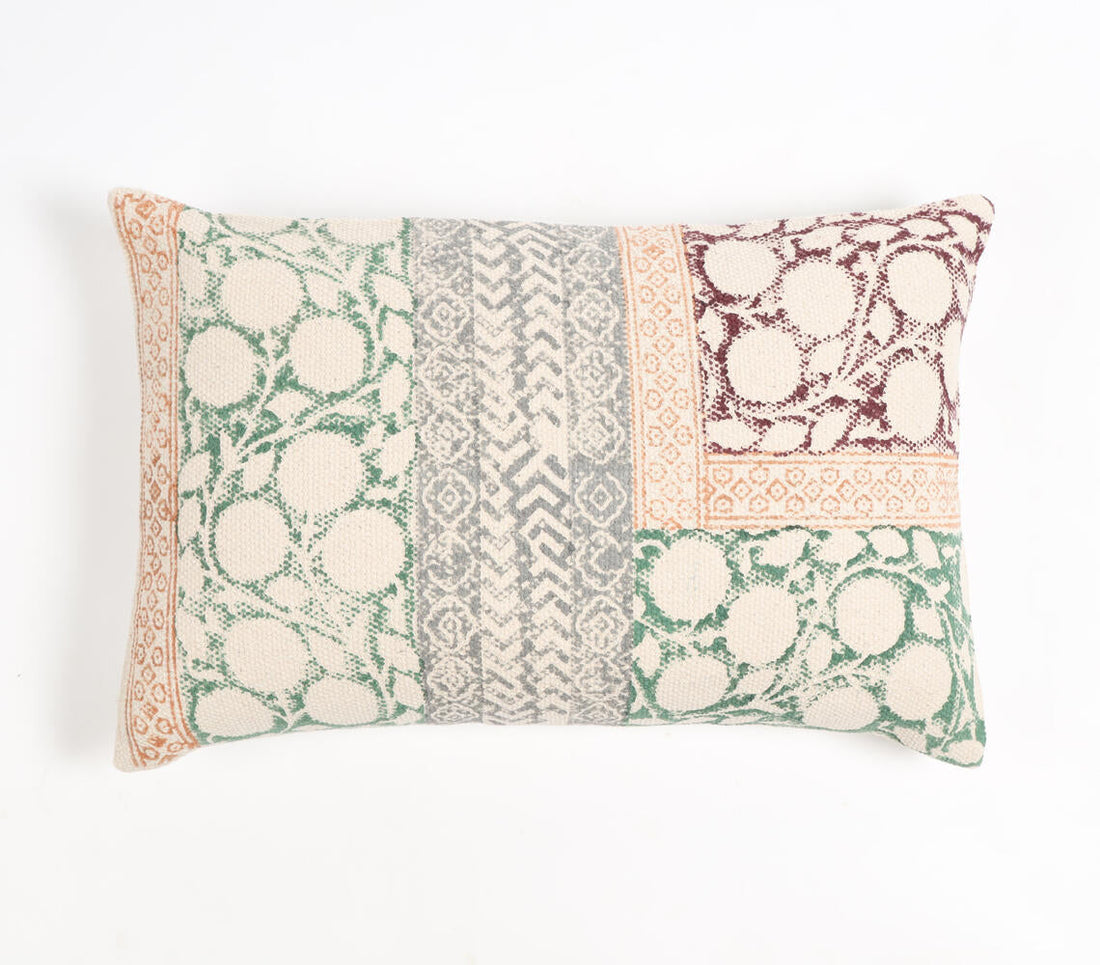 Block Printed Cotton Geometric Botanical Lumbar Cushion Cover-0