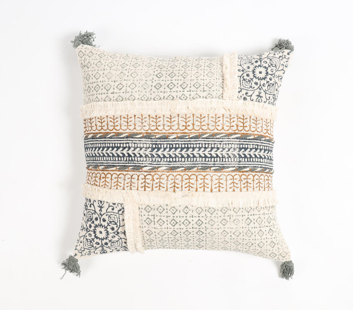 Block Printed Cotton Maximal Tasseled Cushion Cover-0