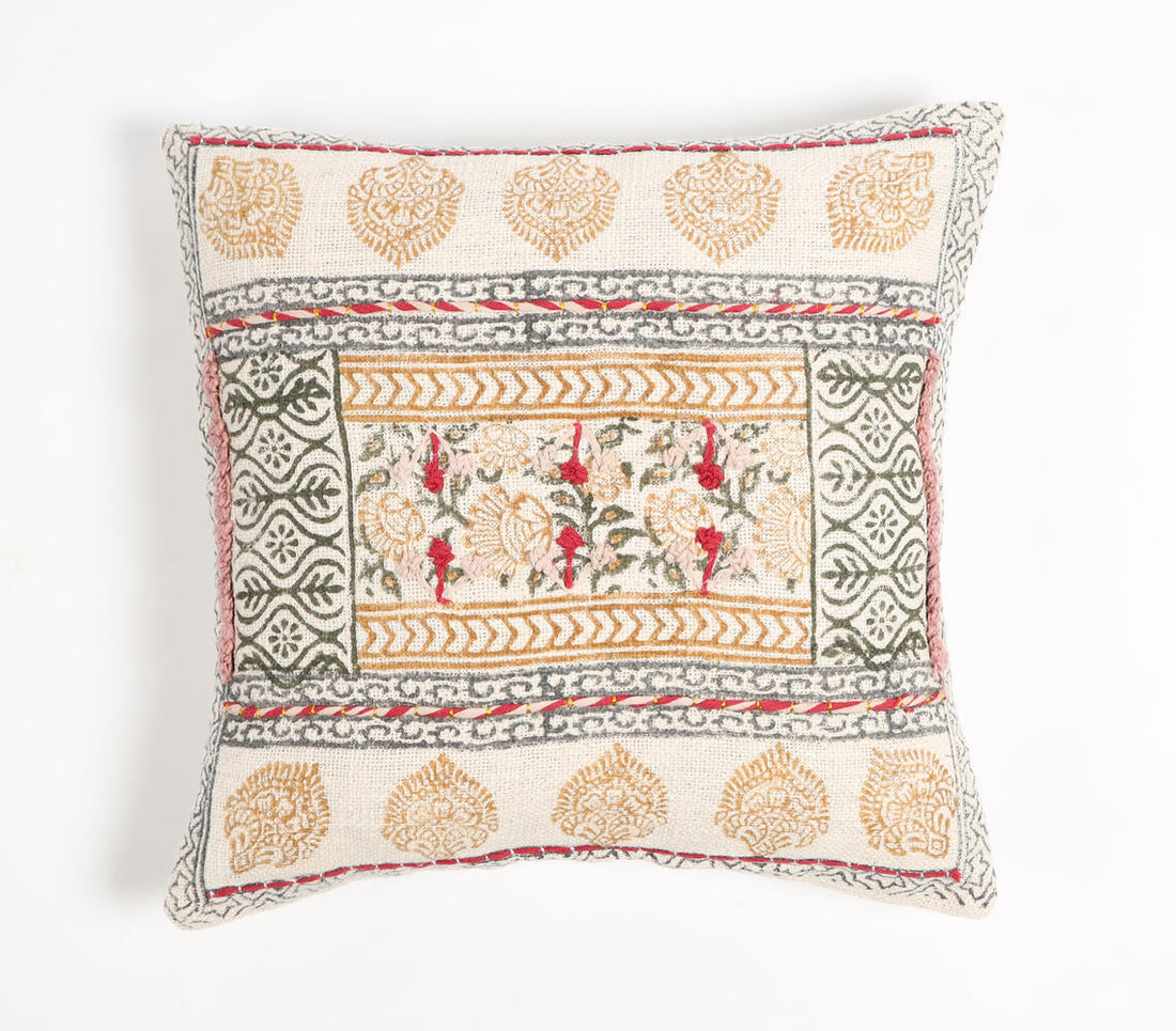 Block Printed Cotton Floral Cushion Cover-0