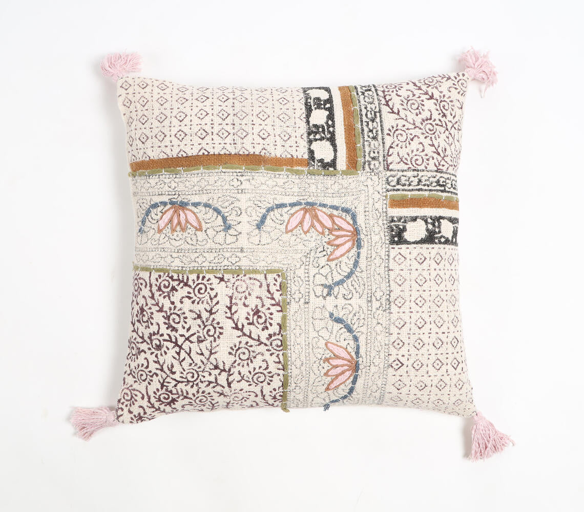 Block Printed Cotton Geometric-Floral Tasseled Cushion Cover-0