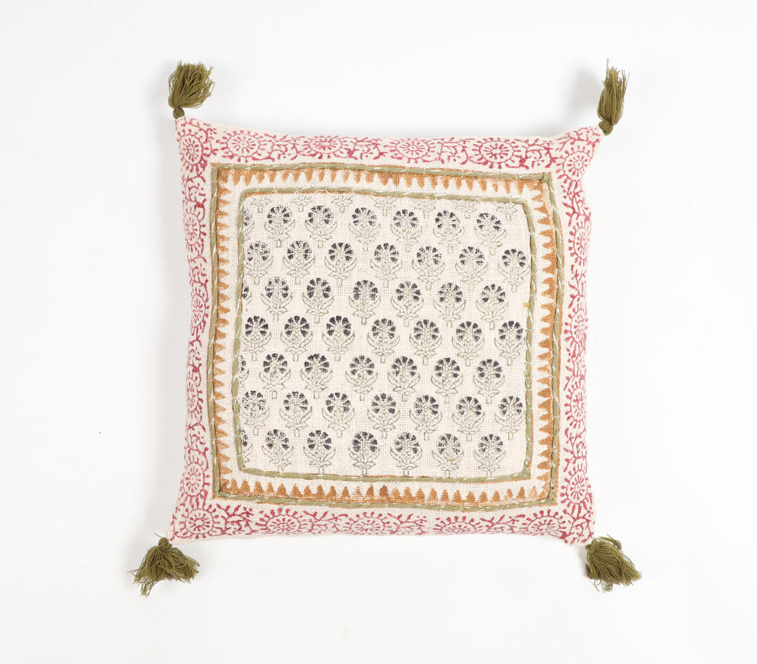 Block Printed Cotton Floral Tasseled Cushion Cover-0