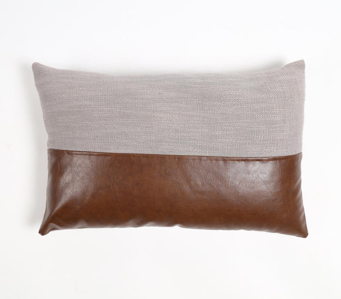 Hand Stitched Cotton &amp; Leather Colorblock Lumbar Cushion Cover-0