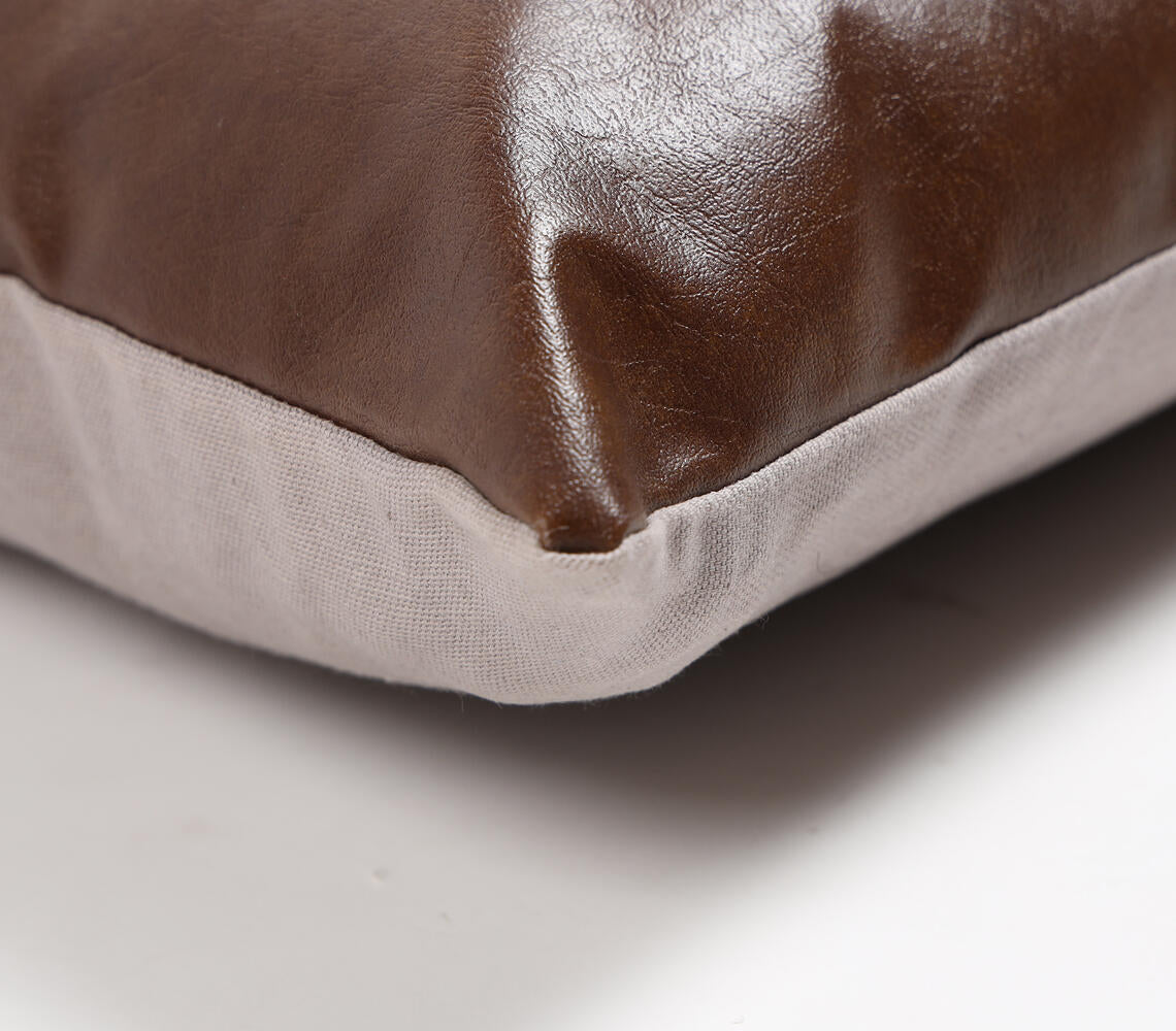 Hand Stitched Cotton &amp; Leather Colorblock Lumbar Cushion Cover-1