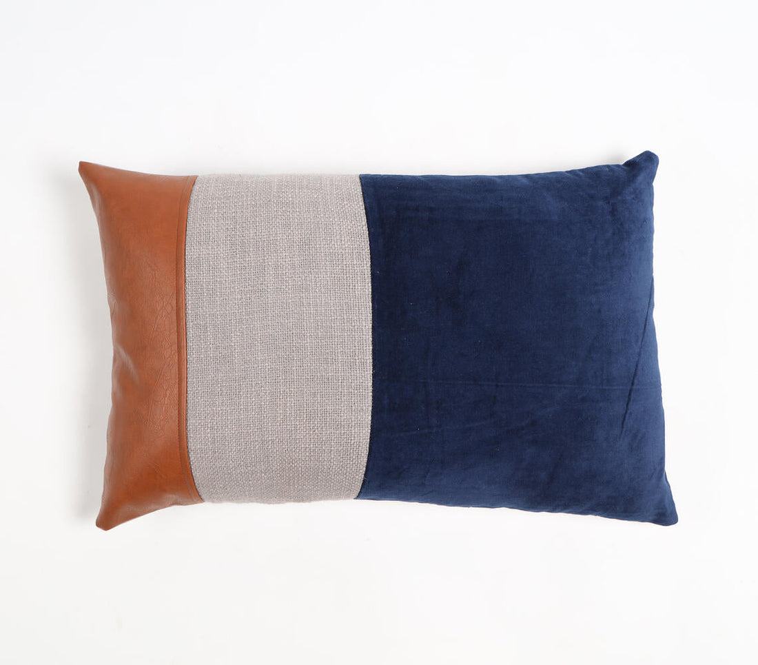 Hand Stitched Velvet &amp; Leather Colorblock Lumbar Cushion Cover-0