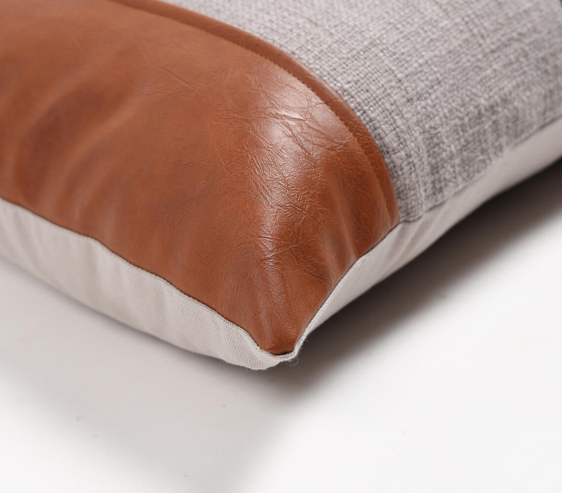 Hand Stitched Velvet &amp; Leather Colorblock Lumbar Cushion Cover-1