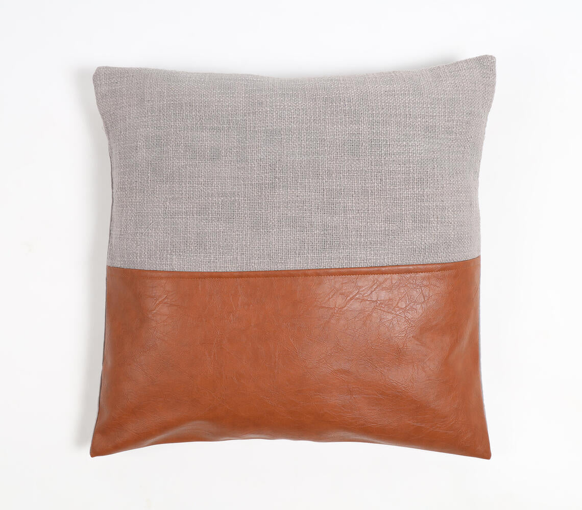 Hand Stitched Cotton &amp; Leather Colorblock Cushion Cover-0