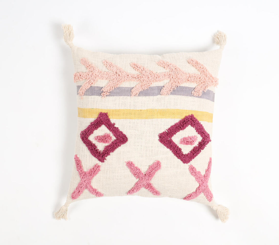 Hand Tufted Cotton Geometric Tasseled Cushion Cover-0