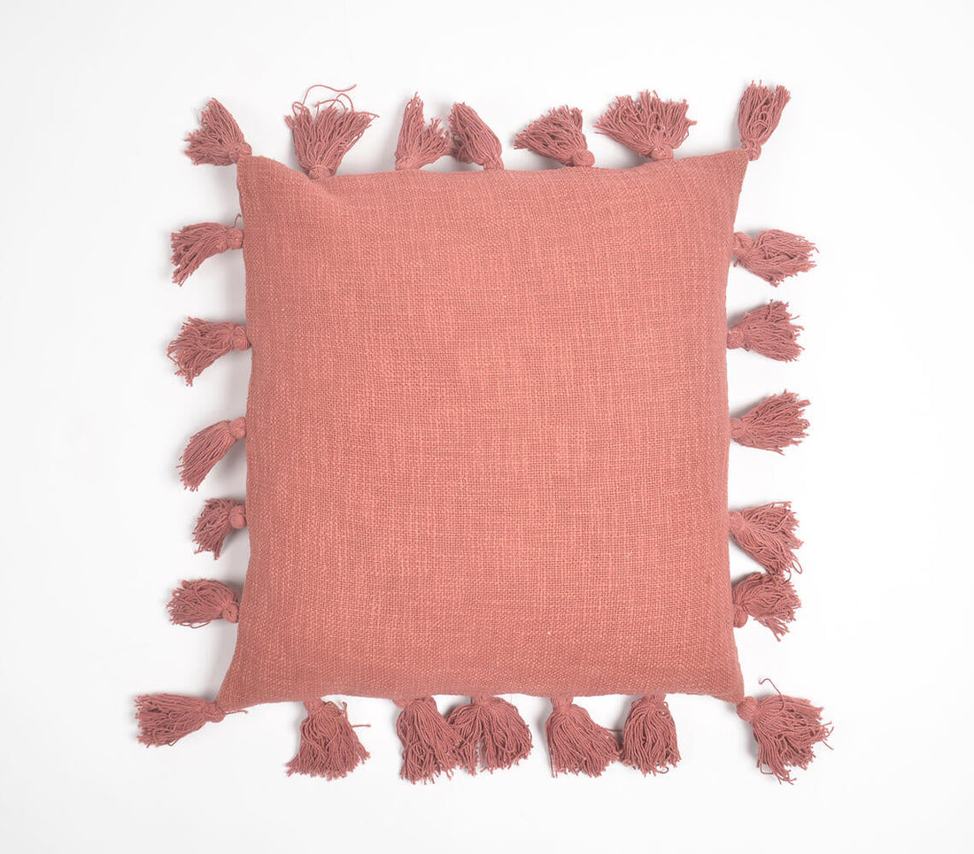 Solid Brick Red Tasseled Cushion Cover-0