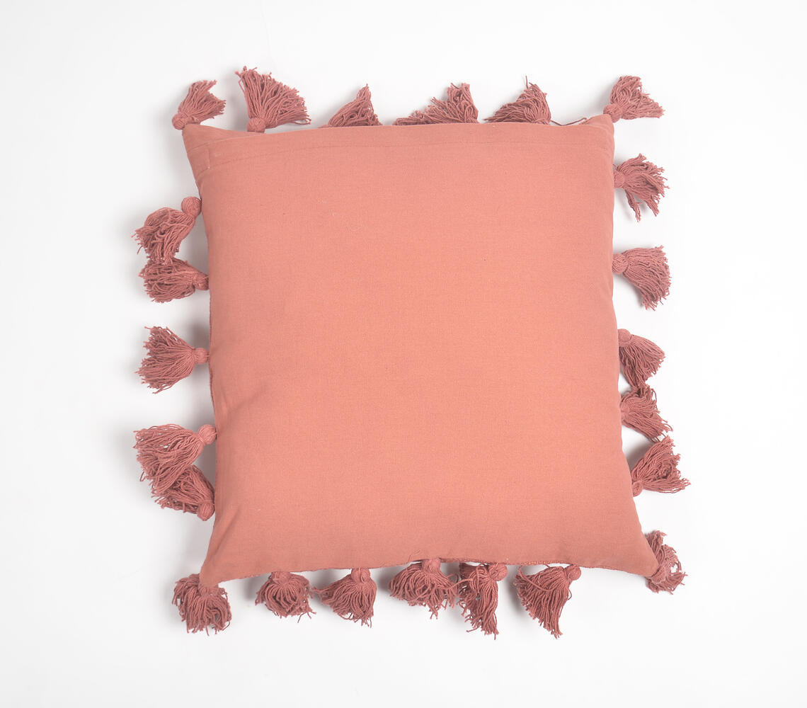 Solid Brick Red Tasseled Cushion Cover-2