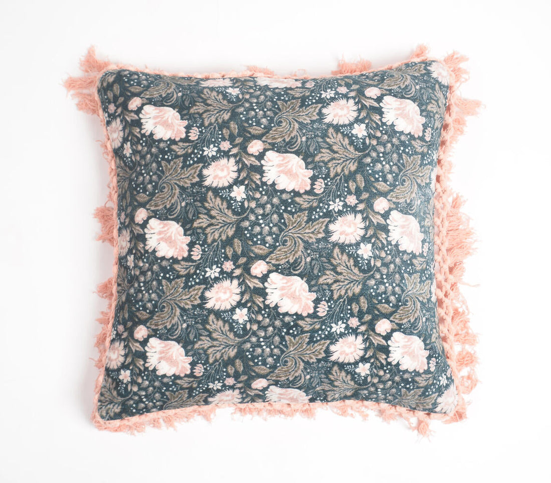 Midnight Magnolia Velvet Cushion Cover with Pastel Tassels-0