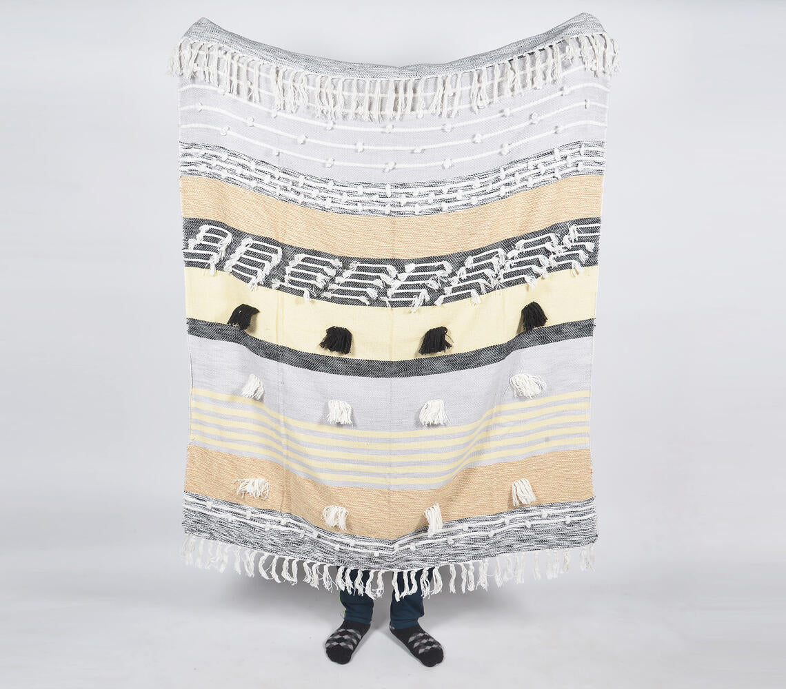 Statement Paneled Handloom Cotton &amp; Wool Throw with Tassels-1