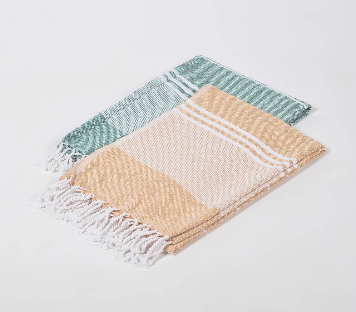 Handwoven Cotton striped Sage &amp; yellow Bath Towels (Set Of 2)-1