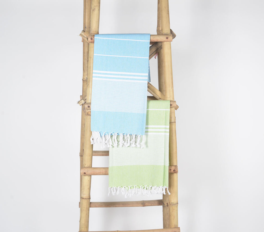 Handwoven Cotton striped Sky &amp; Green Bath Towels (Set Of 2)-0