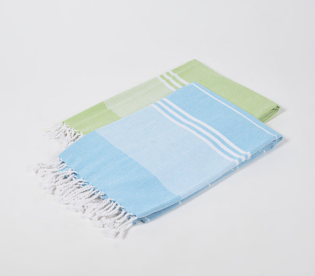 Handwoven Cotton striped Sky &amp; Green Bath Towels (Set Of 2)-1