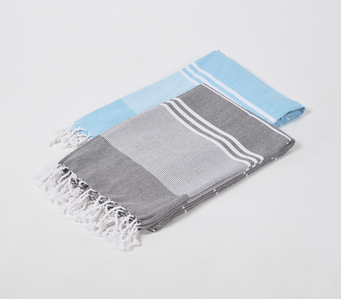 Handwoven Cotton striped Sky &amp; Ash Bath Towels (Set Of 2)-1