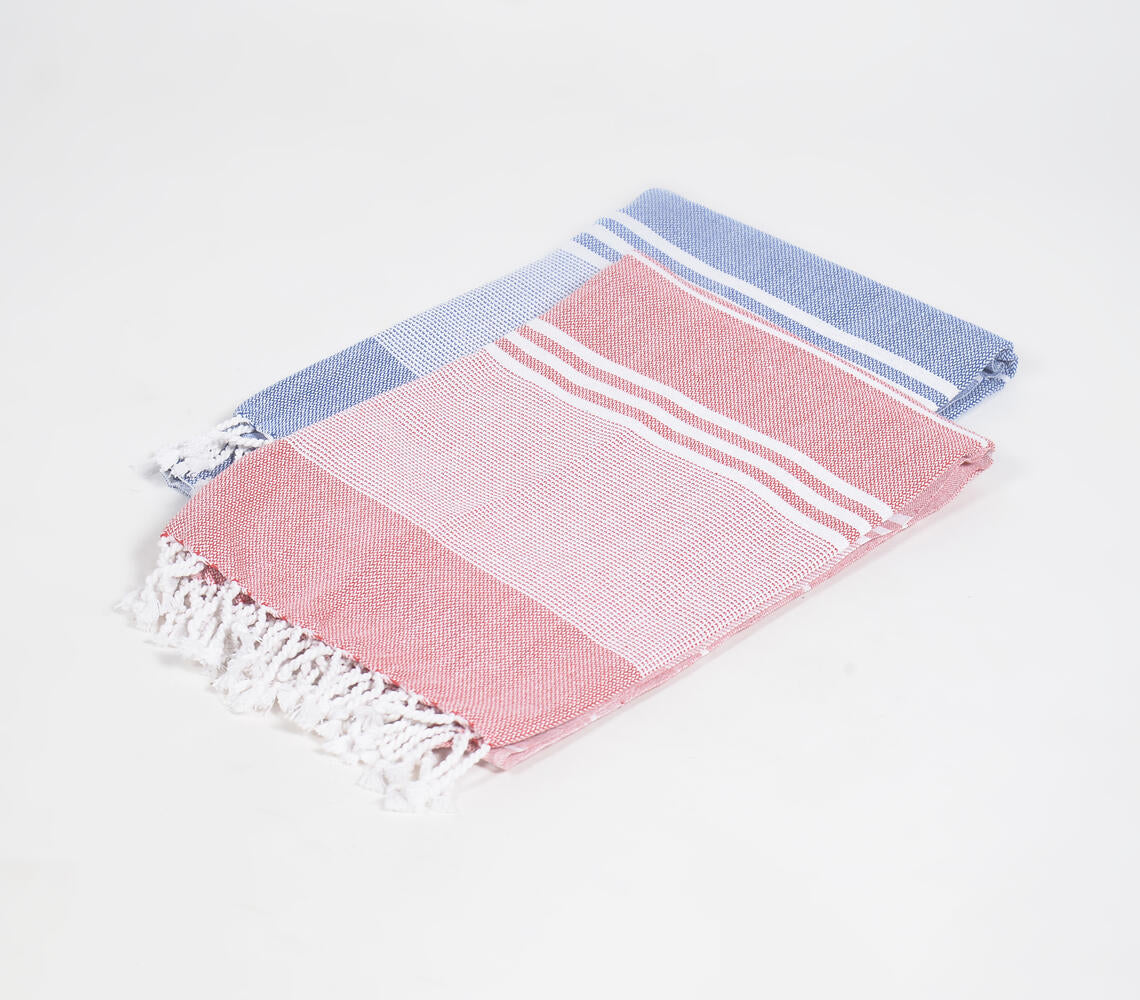 Handwoven Cotton Striped Red &amp; Periwinkle Bath Towels (Set Of 2)-1