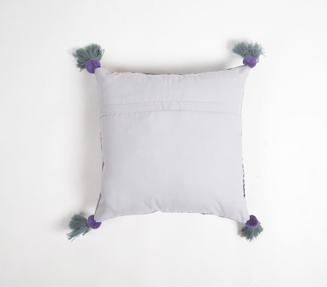 Embroidered-Patch Work Cotton Tasseled Cushion Cover-2