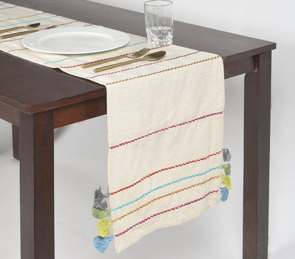 Minimal Cotton Table Runner with Threadwork &amp; Tassels-0