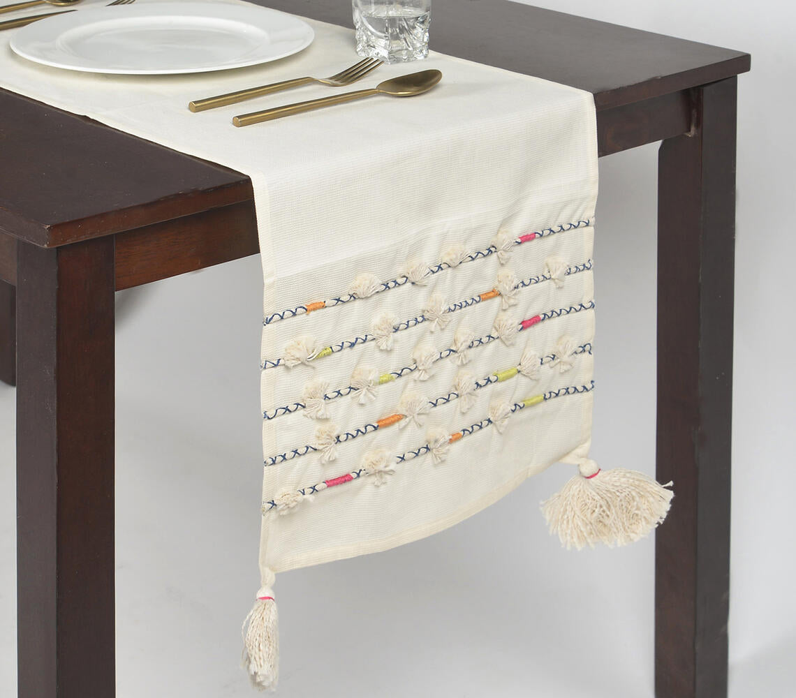 Thread Striped &amp; Tasseled Cotton Table Runner-0