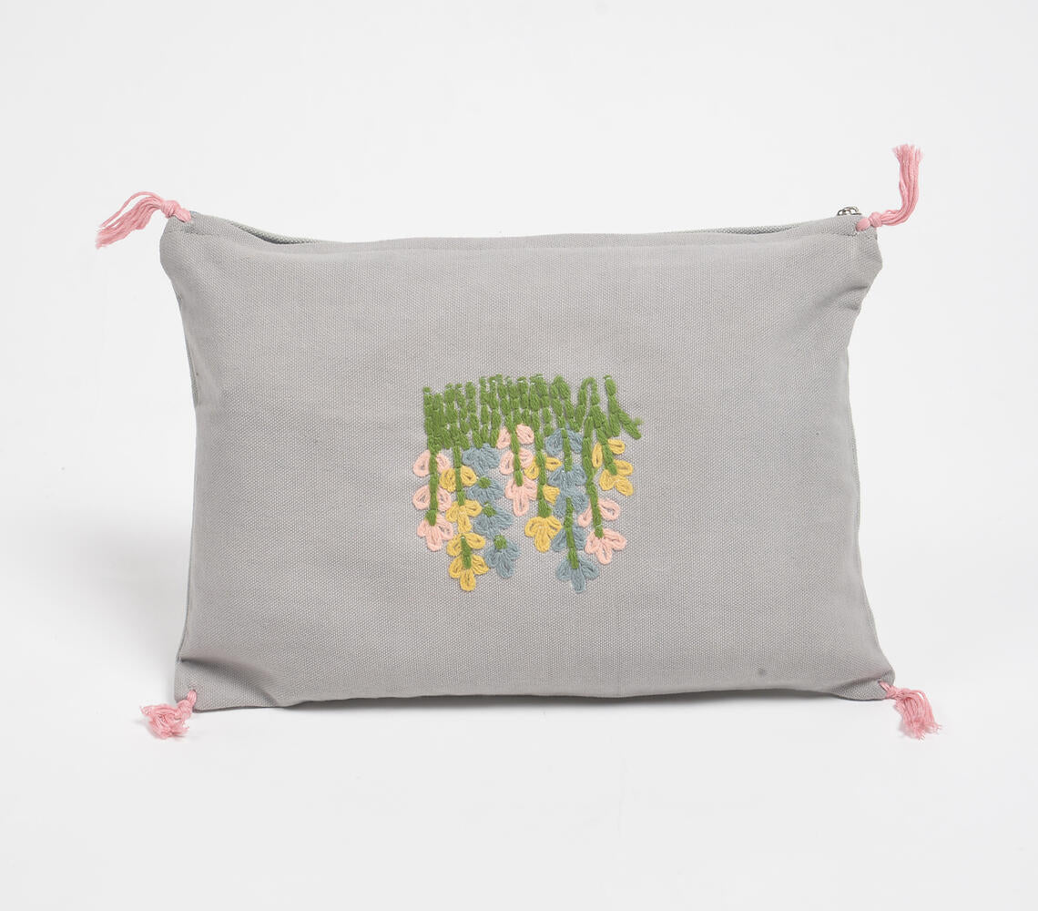 Floral Bush embroidered Slub Lumbar Cushion Cover-1