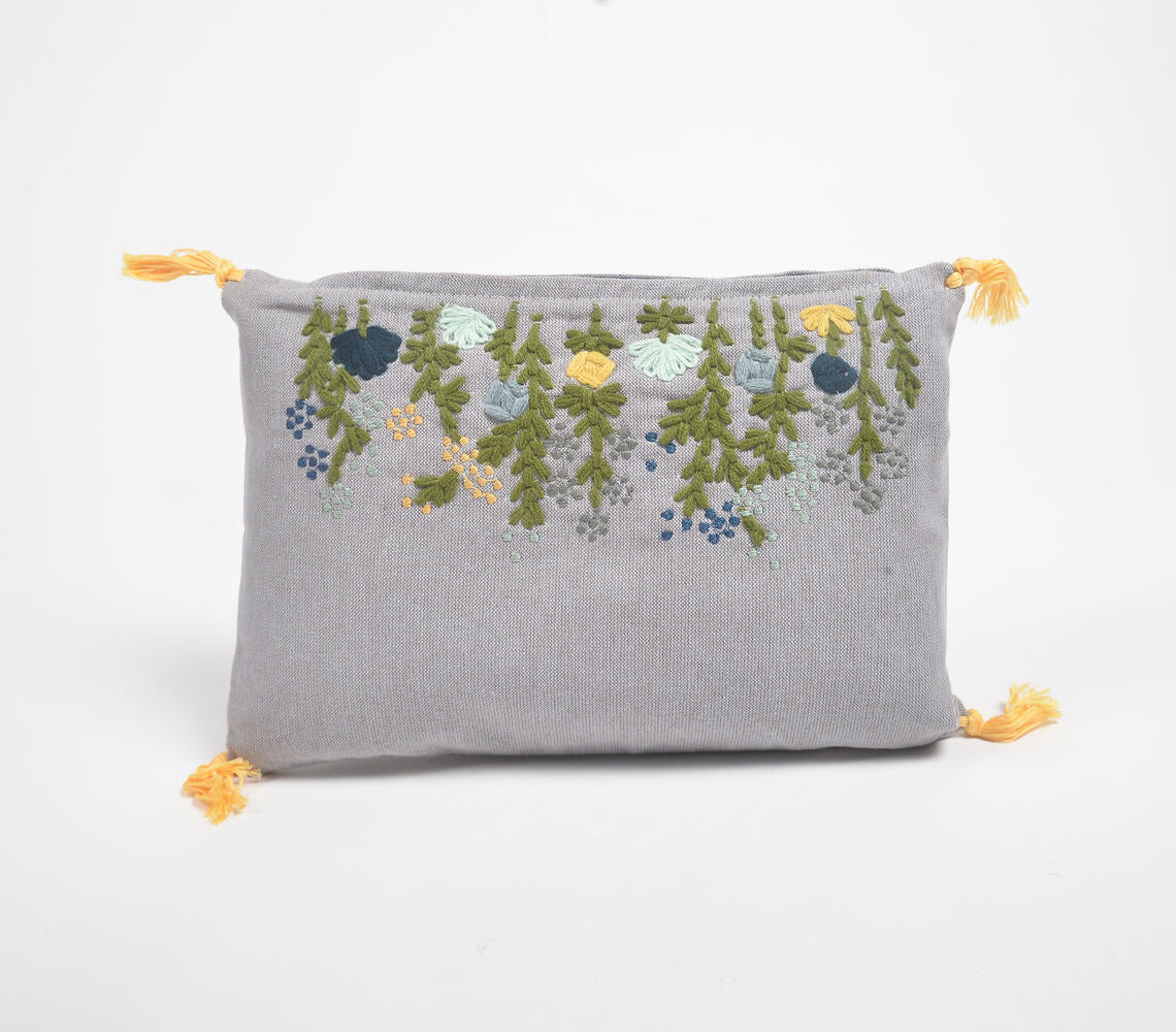 Floral Garden Slub Grey Lumbar Cushion Cover-1